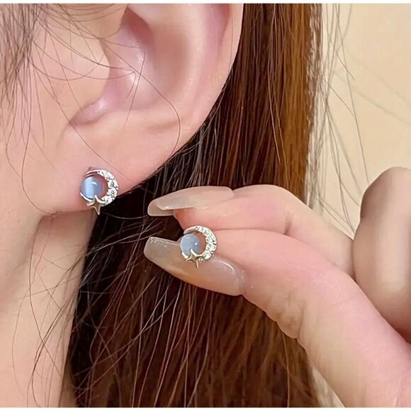 Sterling Silver Moon and Star Earrings - Picture 2 of 4